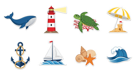 Flat vector illustration set of cute sea and ocean stickers  icons in bright solid colors