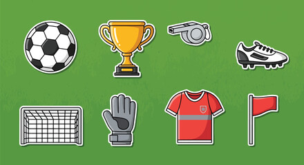 Flat vector illustration set of soccer stickers including football ball, goal, whistle, trophy, jersey, referee cards, and sports icons in clean cartoon style with solid colors © Amie