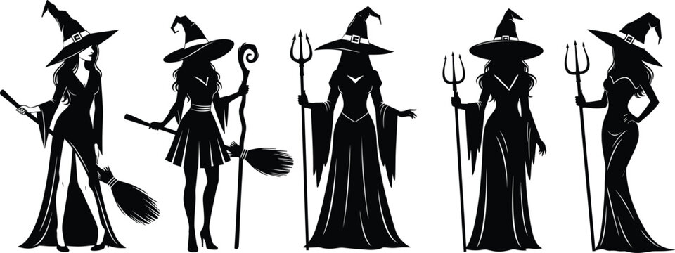 Witch silhouettes, Halloween characters, pointed hats, broomstick and trident, spooky female figures, magical theme, dark design, isolated background