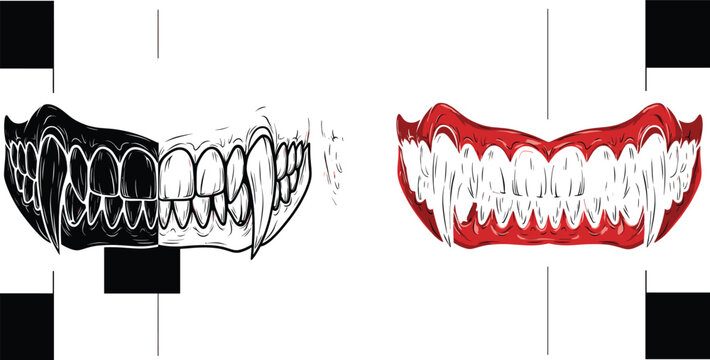 Vampire mouth with sharp fangs, black and red versions, horror-themed cartoon illustration for Halloween, spooky art, and with sharp fangs, black 