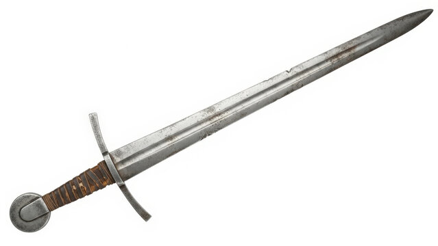 Medieval sword with brown leather wrapped hilt and metal pommel isolated on white background