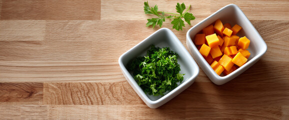 Fresh chopped parsley and diced orange cheese cubes in white square bowls on wooden surface with parsley sprig