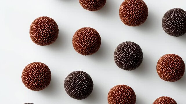 Assorted chocolate-covered candy balls arranged in a visually appealing pattern on a white surface, showcasing a variety of colors and textures in a delightful display