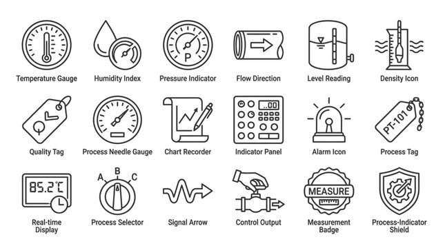 Industrial process control icon set perfect for engineering designs, featuring gauges, sensors, and indicators for automated systems in manufacturing and production lines