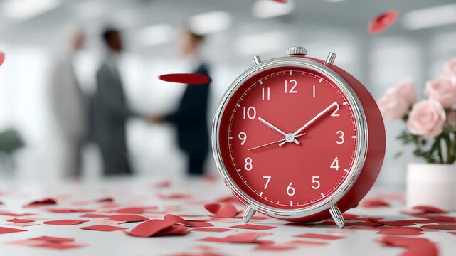 Red alarm clock with silver accents on a table surrounded by rose petals, while blurred figures engage in a handshake in a modern office setting with soft lighting