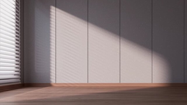 Sunlight moving across empty room wall through window blinds creating dynamic shadow patterns on modern interior surface