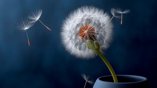 Dandelion flower in a blue pot releases seeds into the air, showcasing the gradual dispersal of fluffy seed heads against a dark blue background