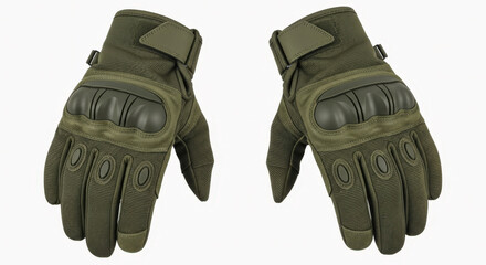 Pair of olive green tactical gloves with black padding and velcro straps