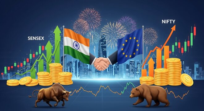 Indian and European Stock Market Growth Concept with Bull and Bear Symbols, Sensex and Nifty Performance, Global Trading, Investment Strategy, Economic Cooperation and Finance