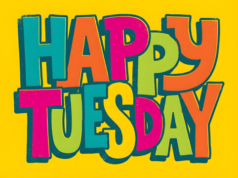Colorful Retro Style Happy Tuesday Typography on Yellow Background
