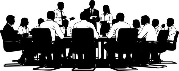 Business people having meeting or conference. Coworkers sitting at the table silhouette vector illustration 