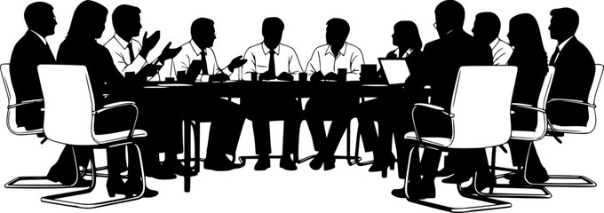 Business people having meeting or conference. Coworkers sitting at the table silhouette vector illustration 