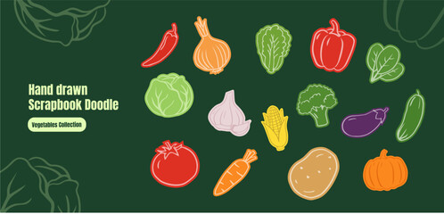 Hand Drawn Vegetable Doodle Mega Set, Colorful Scrapbook Sticker Collection with Tomato, Corn, Pepper, and Greens, Cute Vector Food Illustration