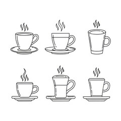 Obraz premium Six steaming coffee cups on saucers.