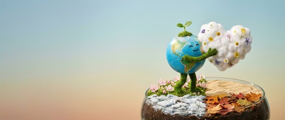 Creative earth day celebration featuring a playful globe with plants and flowers artistic representation nature-themed optimistic atmosphere colorful viewpoint environmental awareness concept