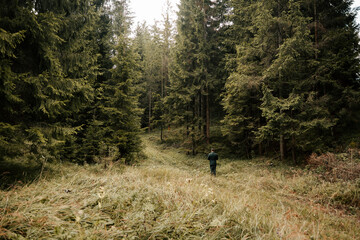 Obraz premium A groom stands in a suit in the middle of a forest, surrounded by nature and tall trees. The calm, natural setting highlights his elegance, strength, and the peaceful atmosphere of the wedding day. 