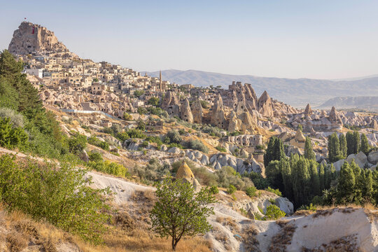 View of Uchisar Castle at Goreme Historical National Park in Cappadocia, Turkey. Amazing landscape. Cappadocia is a popular tourist destination of Turkey.