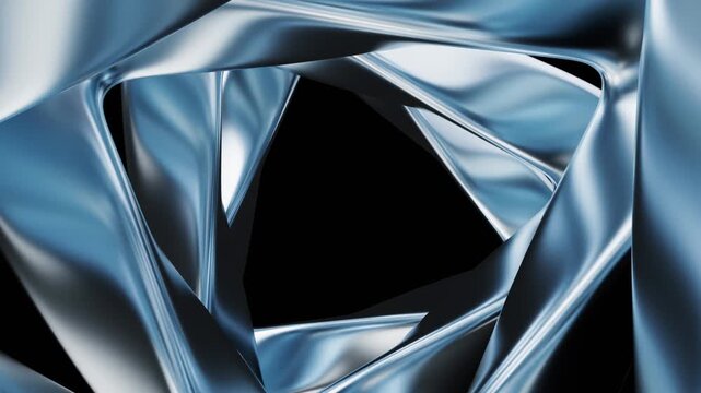 Abstract metallic blue spiral tunnel movement with reflective silk textures and cinematic dynamic motion transition