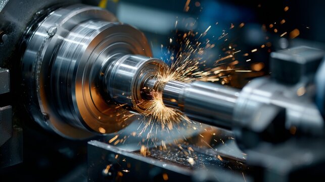 A close-up showcases a metal lathe in action, sparks flying as it shapes a cylindrical piece of steel with precision