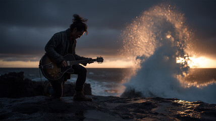 男性が火山岩の岬でセミアコを鳴らし夕暮れの波と対峙する