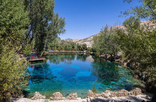 Gurun Gokpinar Lake at morning light. Gokpinar Lake is a touristic beautiful lake with its turquoise color. Travel to T&uuml;rkiye. Gurun district , Sivas province, Turkey 