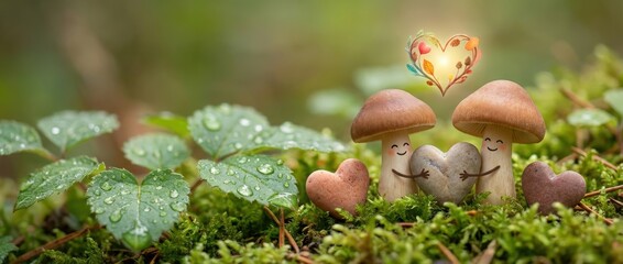 Whimsical mushroom love story in the enchanted forest nature photography playful characters lush greenery heartwarming concept