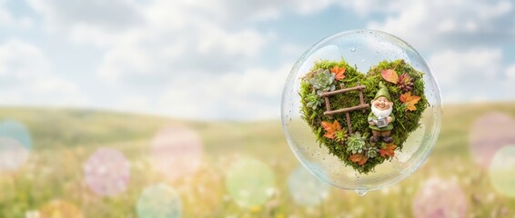 Whimsical gnome gardening in heart-shaped moss bubble scenic field nature photography bright daylight playful concept for eco-lovers