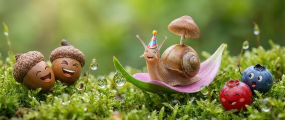 Celebrating nature's joy snail birthday party with acorn friends forest setting adorable scene playful environment close-up view fun and whimsical concept