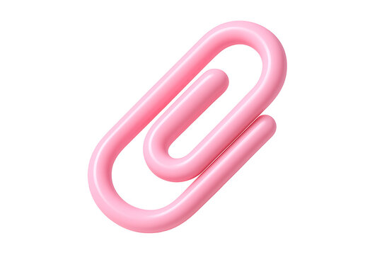 Pink glossy paperclip icon for office attachment and business document organization stationery element isolated on transparent background