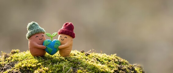 Heartwarming celebration of nature cute characters embracing earth on mossy ground whimsical scene outdoor setting close-up perspective environmental awareness