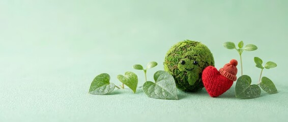 Whimsical heartfelt nature scene featuring a green planet and knitted heart indoor setting creative concept for eco-friendly love and emotions