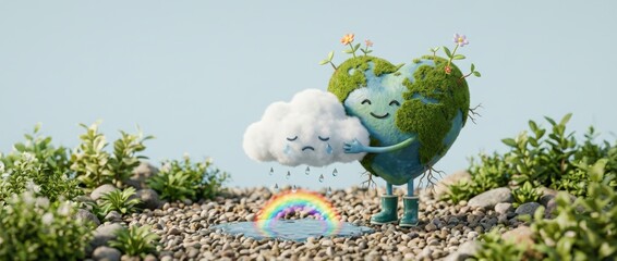 Emotional earth embracing nature with heartfelt cloud enchanted garden 3d animation uplifting environment vibrant colors whimsical viewpoint concept of unity and hope