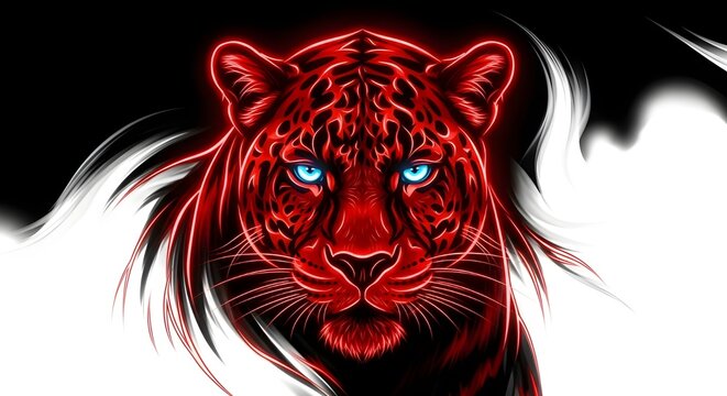 Vibrant red leopard with glowing blue eyes on black and white background