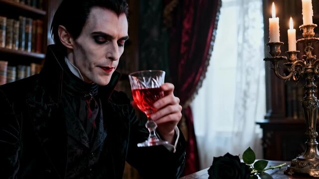 Vampire drinking blood from glass in gothic library. Elegant man in halloween costume with candles and black rose. Horror concept