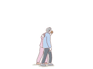 高齢男性に寄り添って歩く女性