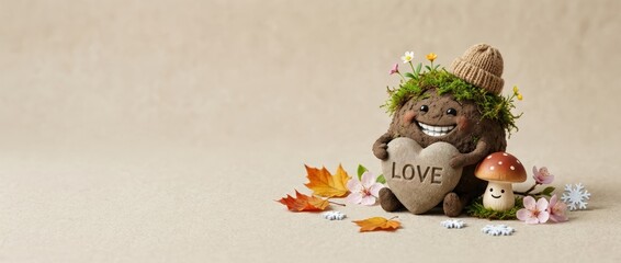 Celebrating love with whimsical garden characters in a cozy indoor setting featuring a happy stone and adorable mushroom amidst colorful autumn leaves
