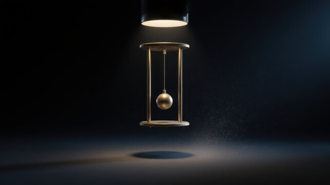 Mysterious pendulum in motion, science and physics concept of time and gravity. dramatic light and shadow on dark background create contemplative feeling
