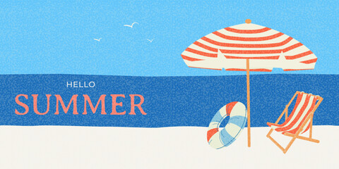 Minimalistic horizontal summer banner, cover, poster with a beach, blue sky, sea, and striped sun lounger. Template for advertising summer travel and vacations. Vector illustration © Elena.K