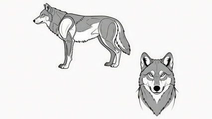 Fototapeta premium Detailed illustration of a wolf in two poses isolated on white background