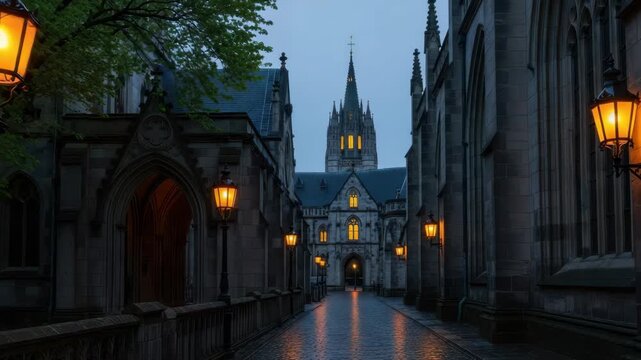 Historical Architecture at Dusk: The timeless beauty of a gothic building, illuminated by warm lantern light as twilight descends, creating a scene of historical wonder and serenity.