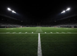 American football field stadium with bright lights at night with a low angle view, showcasing the green turf and white yard lines