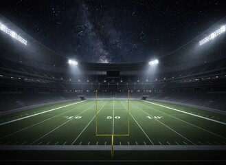 Aerial view of a star-shaped logo on a sports field at night in a large stadium