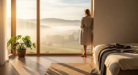 Obraz premium A person in a robe stands by a large window viewing a misty morning landscape Sunlight streams into the room with a potted plant wooden floor and a bed