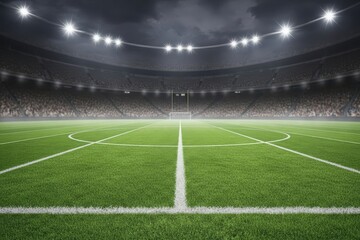 Aerial view of a star-shaped logo on a sports field at night in a large stadium
