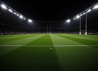 Aerial view of a star-shaped logo on a sports field at night in a large stadium