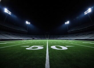 Aerial view of a star-shaped logo on a sports field at night in a large stadium