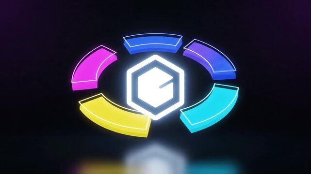 Abstract Geometric Logo Animation with Vibrant Neon Circles and a Central Hexagon Glow