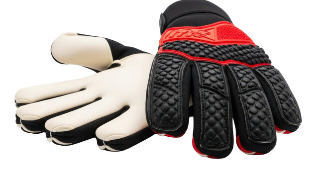 Closeup of black and red goalkeeper glove on transparent background