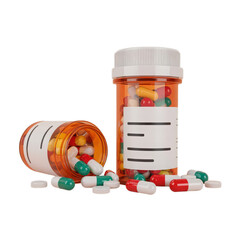 Orange pill bottles with scattered capsules medication