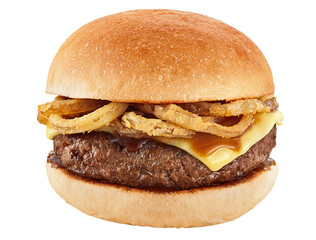 hamb&uacute;rguer de carne bovina gralhado com cebola empanada, queijo e molho barbecue isolado em fundo transparente